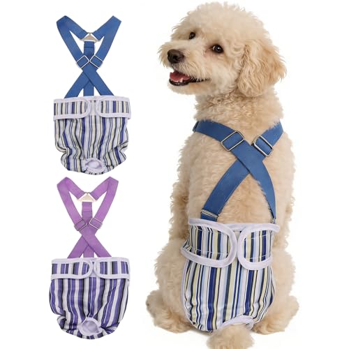 Washable Female Dog Diapers with Suspender, Reusable Dog Diapers Absorbent Leakproof(Striped Purple/Striped Blue M, 2Pcs), Intended for Female in Heat Cycle - color: Striped Purple/Striped Blue, size: M