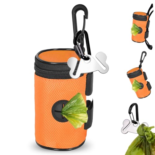 Dog Poop Bag Holder for Leash Attachment - Waste Bag Dispenser for Leash - Fits Any Dog Leash - Portable Set with Hand Free Holder Metal Carrier, Round Shape, Orange - color: Orange