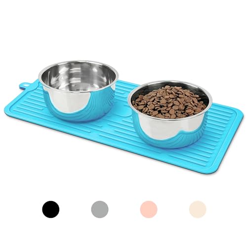 Ptlom Pet Placemat for Dog and Cat, Anti-Slip Waterproof Dogs Feeding Mat Prevent Food and Water Overflow, Bowl Mats Suitable for Medium and Small Pets, Blue, Silicone - color: Blue