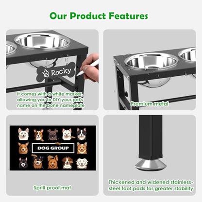 SHAINFUN Adjustable Height Dog Bowl Stand with 4 Bowls for Multi-Dog Homes– Elevated Dog Bowls for Large Breeds with Anti-Slip Mat, Raised Feeding Station with Stainless Steel Bowls - color: Black-1.7L-Four
