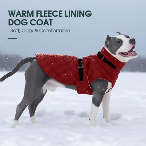 Kuoser Dog Coat Warm Fleece Lining Turtleneck Dog Jacket with Harness Built-in, Adjustable Windproof Cold Weather Coats with Quick Release Buckle Pet Winter Snowsuit for Medium Large Dogs, Red L - color: Red, size: Large (Chest Girth:24.4")