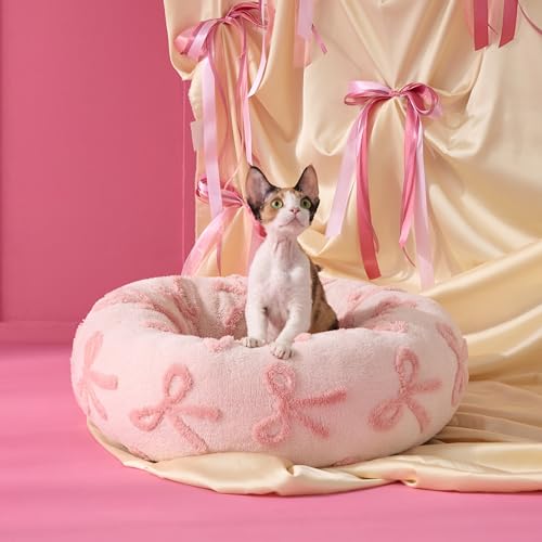 LE SURE Shown on TV Donut Cat Beds for Indoor Cats - Round Small Dog Bed Calming Bed Gift for Pets, Home Decor Cute Modern Beds with Jacquard Shaggy Plush & Anti Slip Bottom, 20 Inch, Pink Taffy - color: Bow Pink Taffy, size: 20.0"L x 20.0"W x 6.0"Th