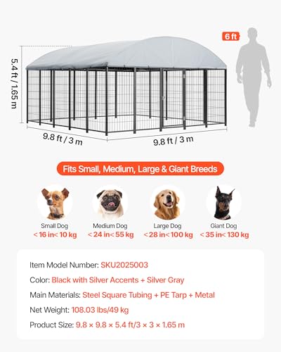 VEVOR Outdoor Dog Kennel, 9.8 x 9.8 x 5.4 ft Large Dog Kennel with Secure Lock, Outside Dogs Enclosures with UV-Resistant & Waterproof Roof Cover, Heavy Duty Pet Crate Cage Run for Large Dogs - size: 118.1"L x 118.1"W x 65.0"H