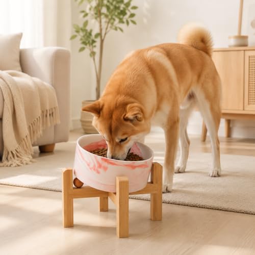 hjn Elevated Ceramic Dog Bowl 15°Slanted Raised Dog Bowl with Bamboo Stand for Small Medium Dogs and Cats, Pet Feeder -3.6-Cup (850ml)-Marble Pink - color: Marble Pink, size: 3.6Cup
