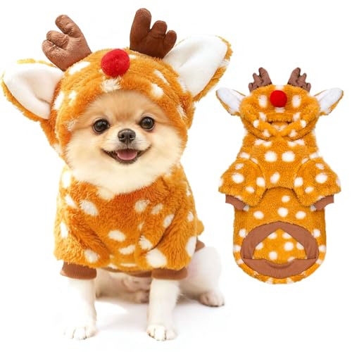 Christmas Dog Sweater with Hood Elk Costume Hoodie Soft Fleece Winter Warm Puppy Clothes for Small Dogs XS-XXL, Christmas Outfit for Cats & Dogs(Brown,Reindeer,Large) - size: Large
