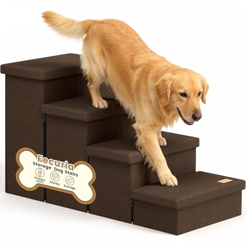 4-Step Wide Dog Stairs with Storage 23" H, Non-Slip Sturdy Pet Steps for High Bed Couch Window, Pet Stairs for Small/Medium/Large Old Dogs Cats Up to 220lbs, Cat Dog Steps for Car/SUV, Coffee - color: Coffee, size: 4-Steps Storage (40"D x17"W x23"H)