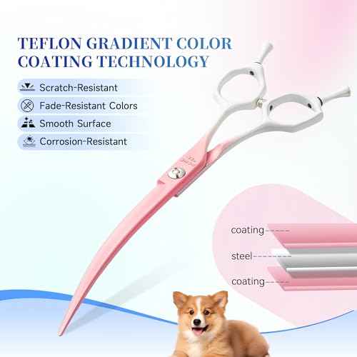 7'' Curved Dog Grooming Scissors Pink to White Gradient | 440C Stainless Steel, Sharp Durable, Professional or Home Use,Ergonomic Handle with 2 Silicone Finger Rings - color: Pink