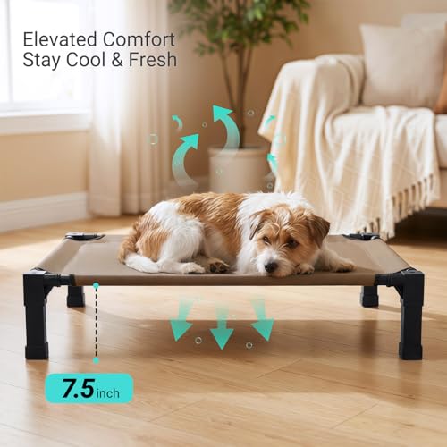 Niubya Elevated Outdoor Dog Bed, Cooling Elevated Pet Cot, Steel-Framed and Non-Slip Feet, Raised Dog Bed with Waterproof, Washable, Breathable Teslin Mesh, 35in - color: Brown, size: 35"L x 25"W x 7.5"H
