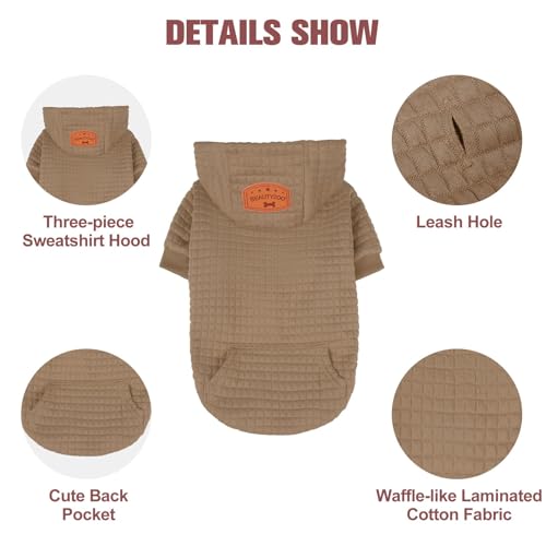 BEAUTYZOO Small Dog Hoodie Sweater with Pockets, Dog Clothes for Small Medium Dogs Boy Girl, Waffle-Like Laminated Cotton Pet Coats with Hat and Leash Hole, Khaki XS - color: Khaki, size: XS (Back: 10",Chest: 14", Neck: 8.7")