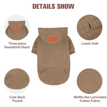 BEAUTYZOO Small Dog Hoodie Sweater with Pockets, Dog Clothes for Small Medium Dogs Boy Girl, Waffle-Like Laminated Cotton Pet Coats with Hat and Leash Hole, Khaki XS - color: Khaki, size: XS (Back: 10",Chest: 14", Neck: 8.7")