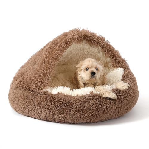 NOYAL Round Hooded Donut Dog Bed for Small & Medium Pets - Plush Fluffy Anti-Anxiety Cat Cave Bed with Cover - color: Brown, size: Small 19.6''