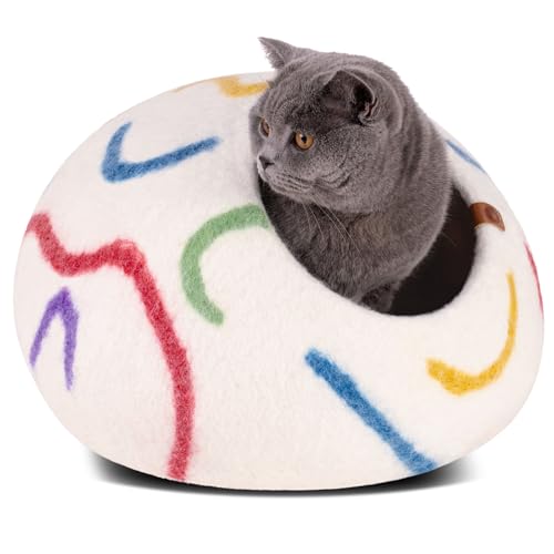 MEOWFIA Cat Cave – Premium Felt Cat Bed Enclosure for Indoor Cats, Handmade Merino Wool (Ivory Rainbow, Medium) - color: Ivory Rainbow, size: Medium