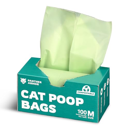 Panther Armor Compostable Cat Litter Bags for Poop - 100x Unscented Pet Waste, 13x9in Leak Proof Kitty Litter Disposal - Odor Proof, Easy Open Dispenser Box of Cat Poop - size: 1 Count (Pack of 100), style: Medium