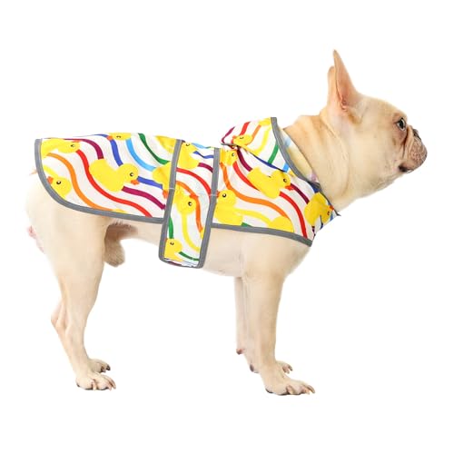 Dog Raincoat for Medium Dogs Waterproof Jacket Hooded Rain Coats with Reflective Strips Leash Hole & Poncho Adjustable Fit (Rainbow,M) - color: Rainbow Ducks, size: Medium