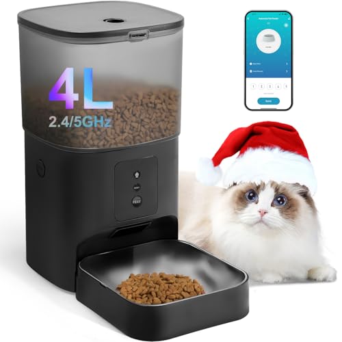 ANDOLL HOME 2.4G/5G Automatic Cat Feeder, 4L WiFi Food Dispenser with 10s Voice Recorder, Pet Feeder up to 10 Meals per Day, Timed Cat Feeder with Dry Food Sealed Ring(Matte Black, 4.0 L) - color: Matte Black