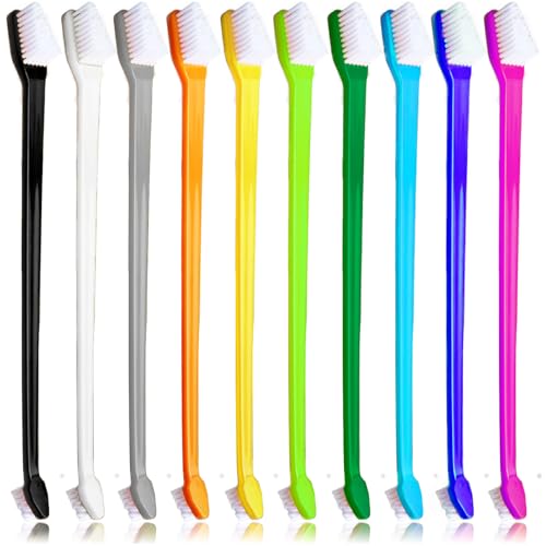 Dog Toothbrush Set of 10 - Dual Headed Tooth Brushes for Small to Large Dogs, Cat, Puppy, Kitten & Most Pet, Double Sided Teeth Cleaning Bulk Kit with Soft Bristles Long Handle, 10 Colors - style: 10 pcs