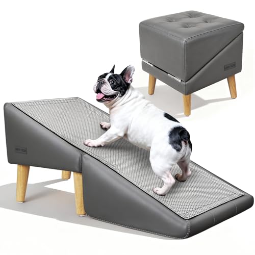 Dog Stairs for Small Dogs and Cats 16" H - with Encrypted Dot-Grip Non-Slip Surface, 2-in-1 Pet Ramp & Steps for Bed/Couch, Foldable Split Ottoman with Solid Wood Frame, Sturdy & Portable for Puppies - color: Gray