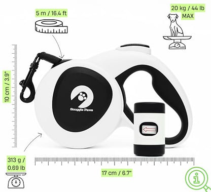 Snuggle Paws Retractable Dog Leash 16ft – Heavy Duty All-in-One Dog Leash with LED Flashlight, Poop Bag Holder, Chew Proof Steel Cable & Reflective Tape – Size S - size: S | 16.4 ft | 44 lbs
