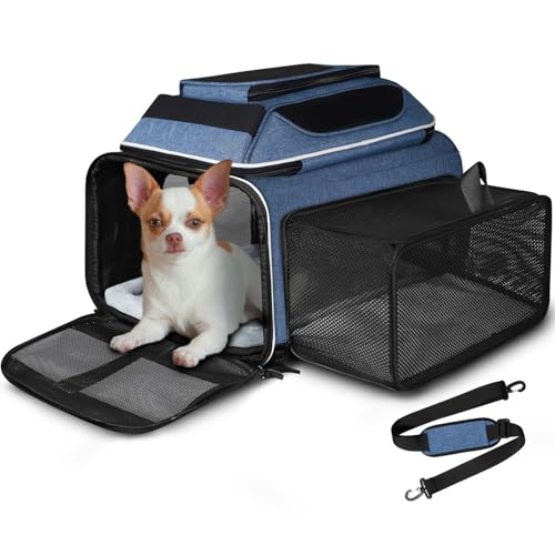 Petskd Top and Side Expandable Pet Carrier 18x13x9.5 Inches Southwest Airline Approved, Soft-Sided Carrier for Small Cats and Dogs with Locking Safety Zippers and Anti-Scratch Mesh(Blue) - color: Blue, size: 18.0"L x 13.0"W x 9.5"H