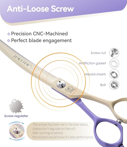 Curved Dog Grooming Scissors with Coating 440C Stainless Steel, 7 inch Professional Curved Shears Dog Grooming，25 Degree of Curved Blade，Pet Shear for Trimming Face and Paw, Violet & White - color: Violet&white