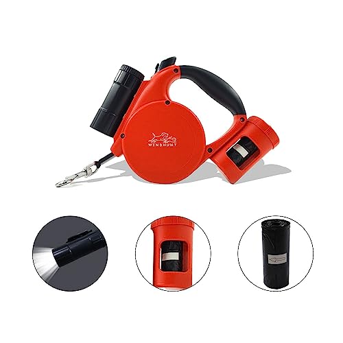 360° Tangle-Free Retractable Dog Leash with Flashlight, Dispenser and Poop Bag Heavy-Duty Nylon Tape for Small, Medium Dogs and Cats One-Handed Brake and Lock, Red - color: red