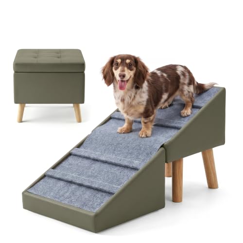 Dog Ramp for Small Dogs, 3-in-1 Dog Stairs Ottoman for Couch | 15.7" H, 18.5" Extra Wide Foldable Ottoman & Hidden Storage Design, Non-Slip Steps for Senior & Injured Pets (Olive Green) - color: Olive Green