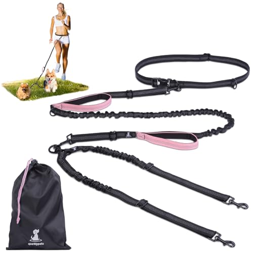 SparklyPets - Hands Free Double Dog Leash - Dual Dog Leash for 2 Small Dogs - with Padded Handles, Reflective Stitches - No Pull, Tangle Free, for Walking, Hiking, Canicross - for Small Dogs - color: Pink, size: 2 dogs S