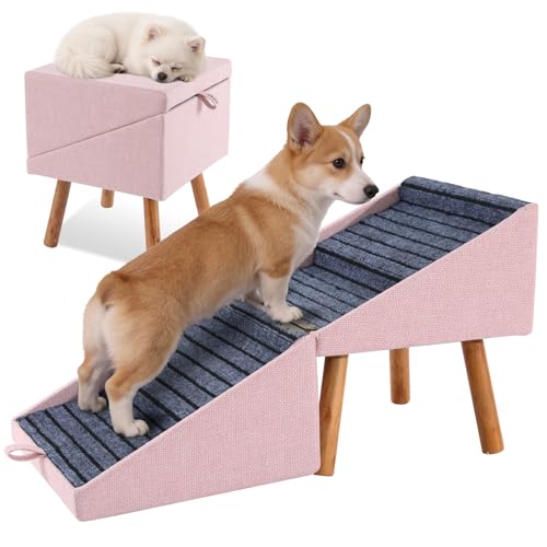 Dog ramp for Small Dogs, 2-in-1 Pet Steps & Ottoman - Foldable Dog ramp for Couch, Non-Slip Wooden Pet ramp for Puppy Senior Injured Dogs (Pink, XL(17.13H)) - color: Pink, size: XL(17.13H)
