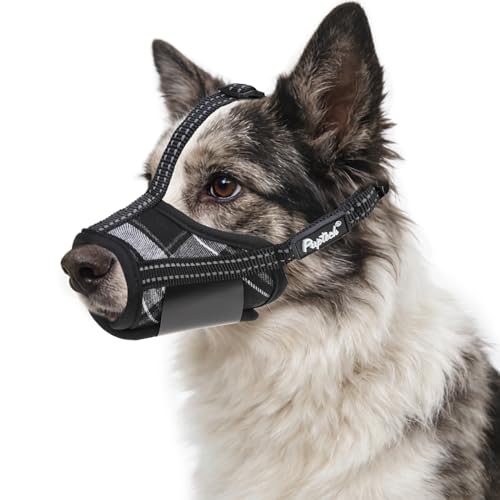 PUPTECK Dog Muzzle, Soft Adjustable Loop Reflective Pets Muzzle Prevent Biting Barking Chewing, Breathable Muzzle with Air Mesh Dog Mouth Guard Drinkable for Large Medium Small Sized, Black Plaid, L - color: Black, size: L (Snout Cir: 7.09"-9.45")