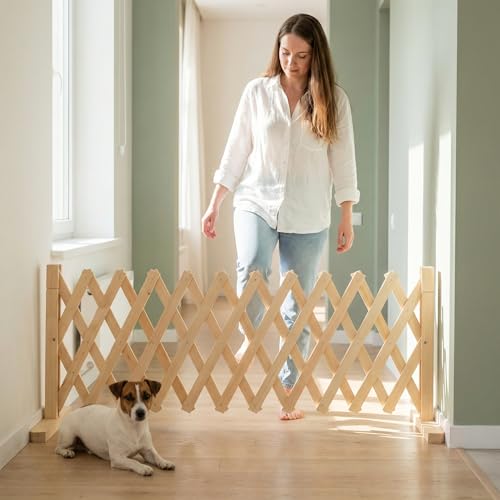 Adjustable Freestanding Wooden Pet Gate for Doorways & Stairs - Pressure Mounted Short Dog Gate, 15in Tall Freestanding Gate Expands 14 to 49in Wide for Dogs and Cats