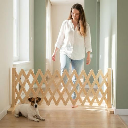 Adjustable Freestanding Wooden Pet Gate for Doorways & Stairs - Pressure Mounted Short Dog Gate, 15in Tall Freestanding Gate Expands 14 to 49in Wide for Dogs and Cats