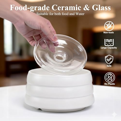 BOBO & BOWL Anti-Splash Pet Drinking Bowl with Floating Glass Disk (1.2L/40 oz), Food-Grade Ceramic Water Bowl for Small & Medium Dogs - Elevated, Heavy Sturdy, Dishwasher & Microwave Safe, White - color: White-with Floating Tray