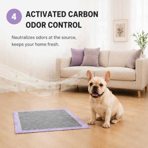 Charcoal Dog Training Pads Advanced Odor Control Puppy Pee Pads, 22x22 Inch, 7-Layer Leak-Proof, Ultra Absorbent, Adhesive Tabs, 50 Count