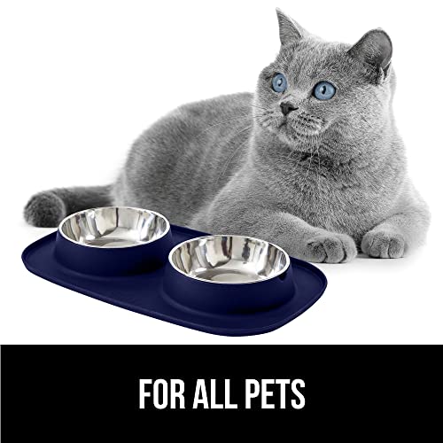 GORILLA GRIP Dog Bowl Set with Slip Resistant Silicone Feeding Mat, Food Grade 304 Stainless Steel Bowls, BPA Free, High Edge Spill Containment, Dishwasher Safe, Finger Notch Removal, 1 Cup, Navy Blue - color: Navy, size: 1 Cup Bowls