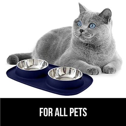 GORILLA GRIP Dog Bowl Set with Slip Resistant Silicone Feeding Mat, Food Grade 304 Stainless Steel Bowls, BPA Free, High Edge Spill Containment, Dishwasher Safe, Finger Notch Removal, 1 Cup, Navy Blue - color: Navy, size: 1 Cup Bowls