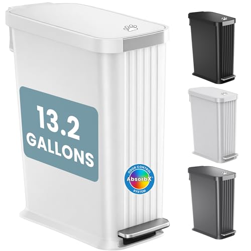 iTouchless 13.2 Gallon / 50 Liter Dog Poop Trash Can with Lid & AbsorbX Odor Filter, Indoor & Outdoor Rust-Proof Pet Waste Bin, Soft-Close Step Pedal, Large Capacity, Matte White - color: White
