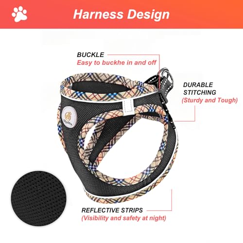 Hipubby Dog Harness Small Sized and Leash Set, No Pull Soft Mesh Puppy Vest, Reflective Breathable Lightweight Pet Harness, Harness for Small Medium Dogs and Cats - Black/Khaki Trim, M - color: Black/Khaki Trim, size: M (Chest: 16.8"-18.5")