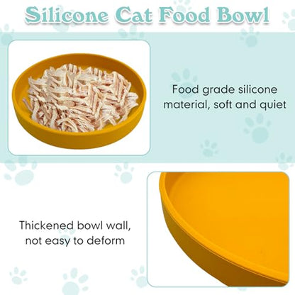Silicone Cat Food Bowls Shallow Cat Dishes 5.9in Wide Pet Plates Set of 2 Small Flat Dog Saucer Bowl Cute Whisker Fatigue Kitten Feeding Dish for Dry Food & Wet Food (Round Yellow) - color: Yellow, size: M: 5.9 inches - without Suction Cup
