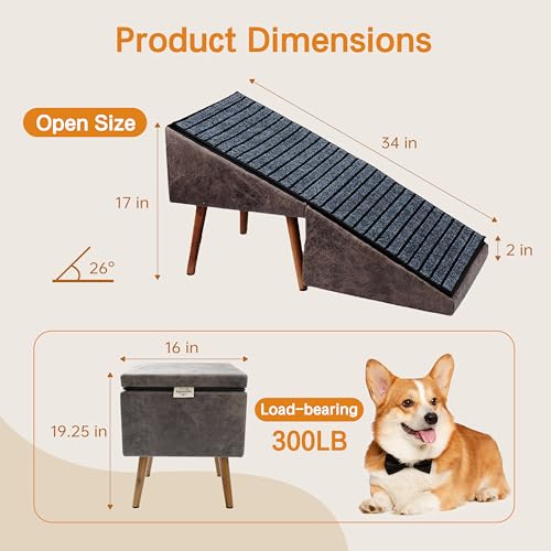 2-in-1 Dog Ramp and Stairs for Bed and Couch, 17 Inch High,Foldable Ottoman Ramp with Non-Slip Replaceable Carpet, Joint Relief for Small and Large Dogs - color: Brown