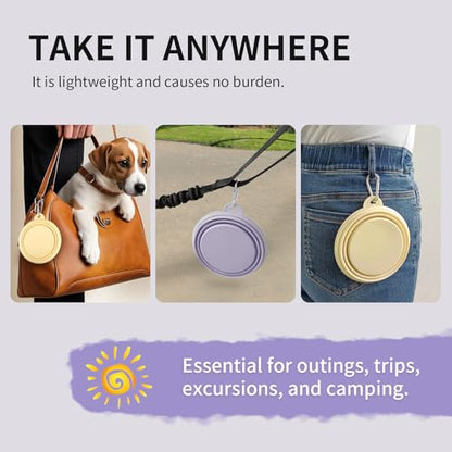 Collapsible Dog Bowls 2-Pack, Portable Travel Dog Bowl with Carabiner, Food-Grade Silicone Pet Bowl for Hiking, Walking (Macaron Yellow and Violet) - color: 12 OZ Macaron Yellow and Violet