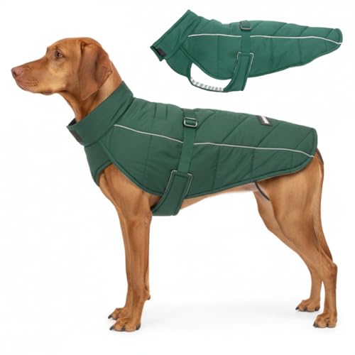 DJANGO Insulated Puffer Dog Jacket with Harness Hole – Warm, Water-Repellent Winter Dog Coat Large Dogs – Adjustable, Reflective Cold Weather Dog Apparel for Fall and Snow – Lafayette Green, X-Large - color: Lafayette Green, size: X-Large