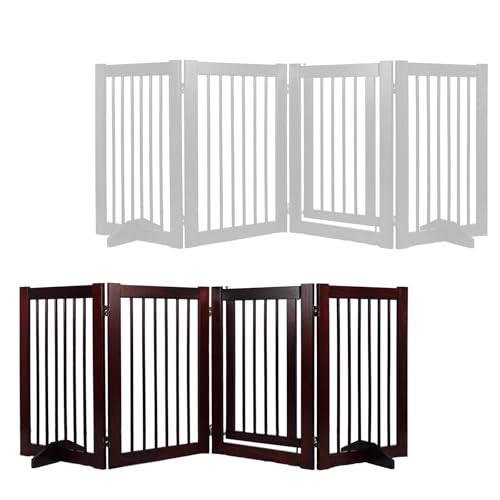 Wooden Freestanding Pet Gate, Pet Gate for Dogs, 29.5inch 4-Panel Wooden Dog Fence with 2 Support, Feet Folding Dog Gate for Indoor, Doorway, Stairs, Kitchen, 81.5“L×30”H (Brown)