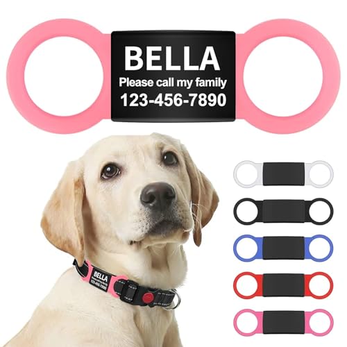 LaReine Silent Slide On Pet ID Tags, Personalized Laser Engraved on Collar, Colored Elastic Silicone Band and S/M/L/XL Black Stainless Steel Cat Dog Name Plate (Pink, Large) - color: Pink, size: Large