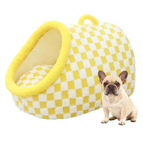Warm Nest Bed, Soft Cozy Pet Cave with Removable Cushion, Non-Slip Washable Soft Slipper Cave for Small and Medium Pets (Yellow Grid, Medium) - color: Yellow Grid, size: Medium