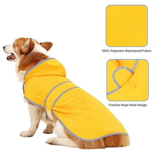 Dog Raincoat, Waterproof Dog Rain Jacket with Hood, Adjustable Rain Coat Poncho with Reflective Strips & Leash Hole for Large Medium Small Dogs Puppies, Lightweight Pet Clothes - color: Yellow, size: Large