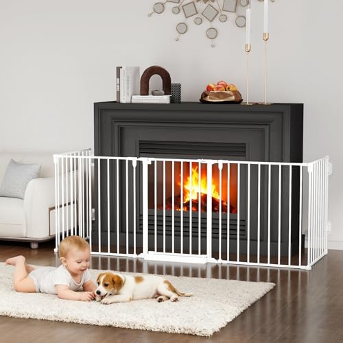 127.5" Extra Wide Baby Gate for Fireplace Christmas Tree, Configurable 5 Metal Panels Baby Fence, Child Gate for Wide Openings with Anti-Trip Pedal, Long Kid Gate for Dog Pet, 28'' Tall White - color: White, size: 127.5" Wide