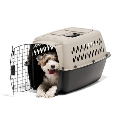 Petmate Vari Dog Kennel Portable Carriers & Crates for Smaller Dogs or Puppies and Pets 10 to 20 lbs, Airline-Friendly Plastic Pet Carrier Home and Travel, 24" Long, Taupe & Black, 24” x 16.7” x 14.5” | Airline friendly pet carrier, durable plastic shell,