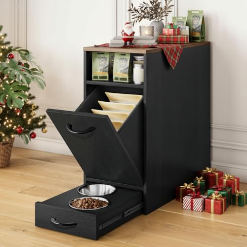 DWVO Dog Feeding Station with Storage, Dog Food Cabinet with 2 Feeder Bowls, Pull Out Elevated Dogs Bowl, Black - color: Black, size: 1 PCS