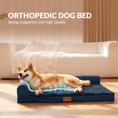 Patas Lague Orthopedic Dog Bed Medium Size Dog 30''X20'', Waterproof L Bolster Medium Pet Sofa Beds with Removable Washable Cover, Soft Pet Couch Crate Mat with Nonskid Bottom, Navy Blue - color: Navy Blue, size: 30"L x 20"W x 3.5"Th