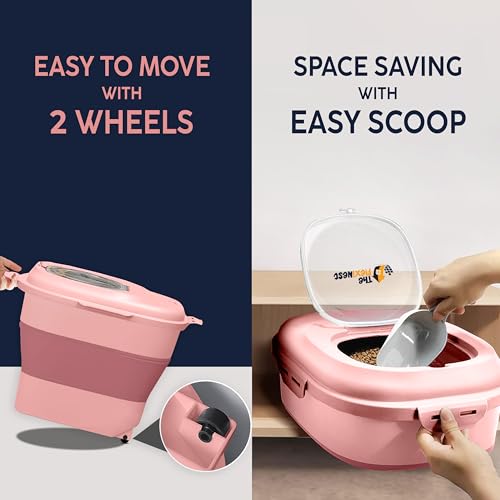 Dog Food Storage Container 30-35 lb, Airtight Collapsible Cute Dog Food Container with Wheels & Scoop, Stackable Pet Food Storage Container for Dog & Cat Food - color: Pink